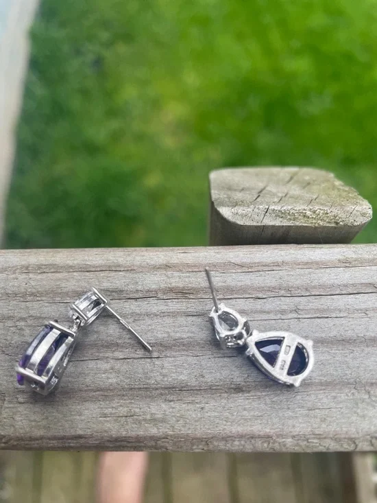 Sterling Silver Purple Teardrop Drop Earrings - Picture 8 of 8